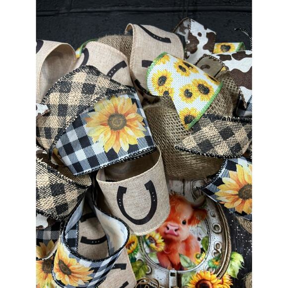 Handmade Burlap Wreath Farmhouse Highland Cow Fall Western Horseshoe 22 Inch - Picture 8 of 10